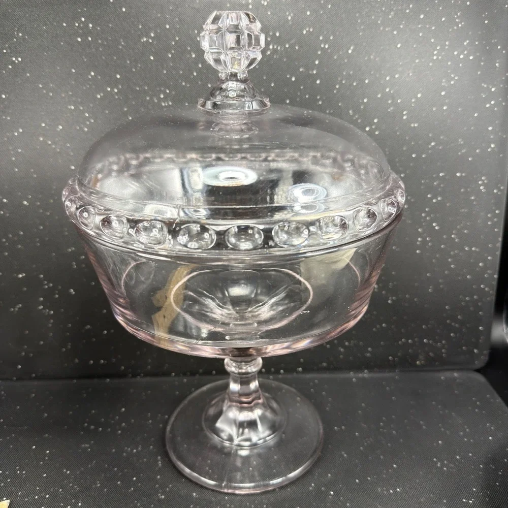 George Ripley Dakota Pattern Glass Pedestal Compote Lilac Tint Lid 11.5in Clear